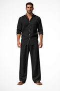 Stanton | Men Grandad Collar Long Sleeve Linen Shirt and Straight Leg Trousers Set