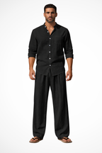 Stanton | Men Grandad Collar Long Sleeve Linen Shirt and Straight Leg Trousers Set