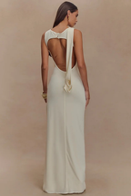 Ines | Women Round Neck Sleeveless Ruched Backless Slit Baby Shower Maxi Dress