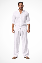 Stanton | Men Grandad Collar Long Sleeve Linen Shirt and Straight Leg Trousers Set
