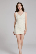 Mariah | Women V Neck Sleeveless 3D Floral Textured Fitted Wedding Guest Dress