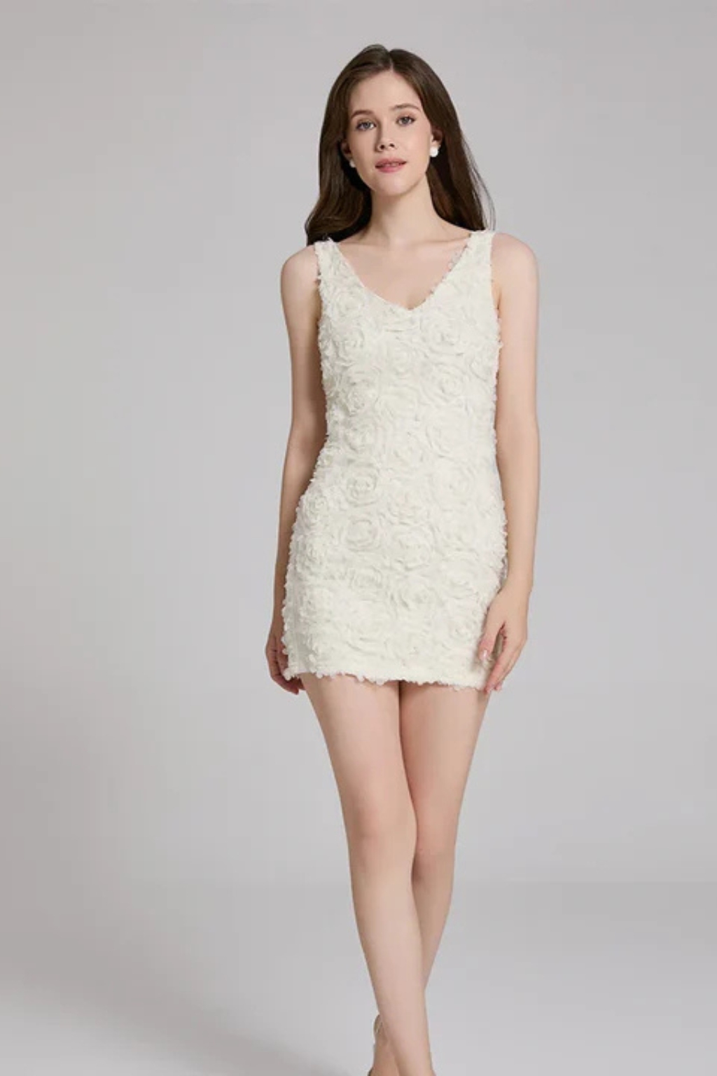 Mariah | Women V Neck Sleeveless 3D Floral Textured Fitted Wedding Guest Dress