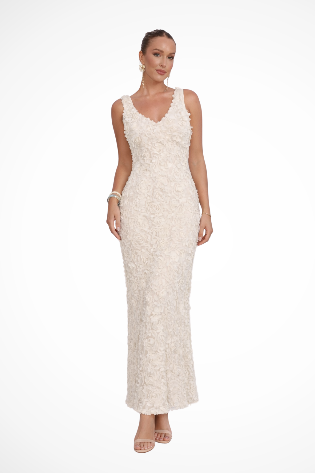 Mariah | Women V Neck Sleeveless 3D Floral Textured Fitted Wedding Guest Dress