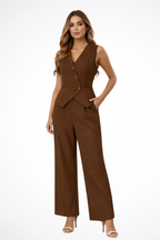 Rovena | Women Sleeveless Vest and Wide Leg Buttoned Trousers Set