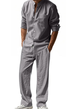 Stanton | Men Grandad Collar Long Sleeve Linen Shirt and Straight Leg Trousers Set