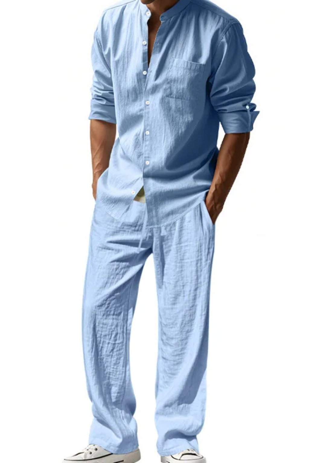 Stanton | Men Grandad Collar Long Sleeve Linen Shirt and Straight Leg Trousers Set