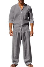 Stanton | Men Grandad Collar Long Sleeve Linen Shirt and Straight Leg Trousers Set