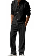 Stanton | Men Grandad Collar Long Sleeve Linen Shirt and Straight Leg Trousers Set