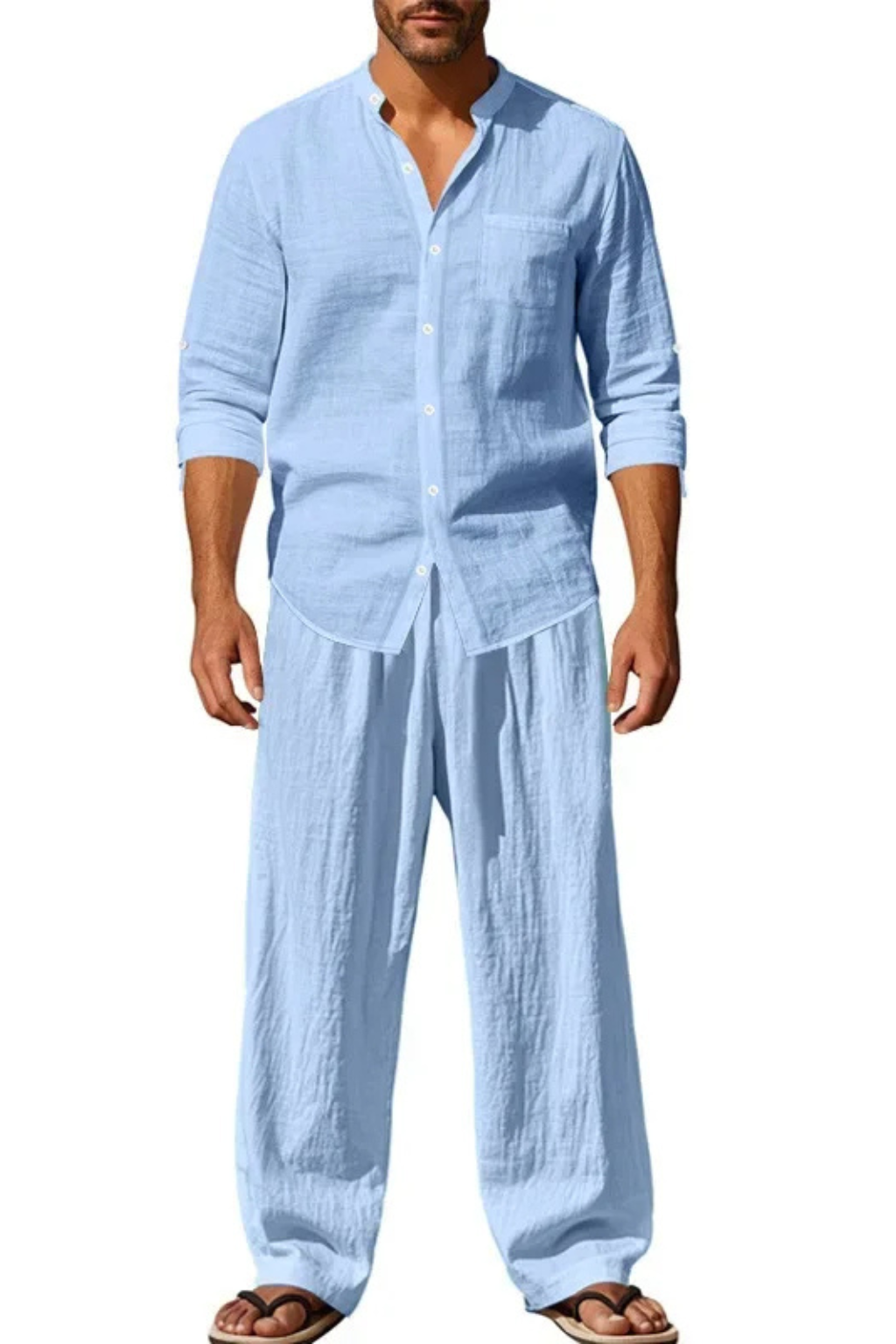 Stanton | Men Grandad Collar Long Sleeve Linen Shirt and Straight Leg Trousers Set