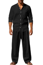 Stanton | Men Grandad Collar Long Sleeve Linen Shirt and Straight Leg Trousers Set