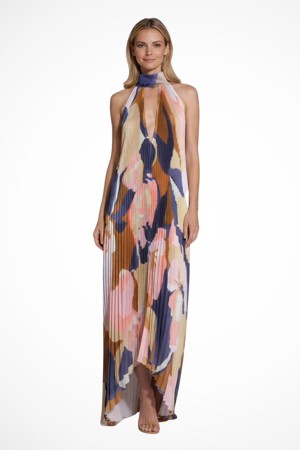Cordelia | Women Printed Pleated Halter Neck Wedding Guest Maxi Dress
