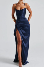Avelisse | Women Spaghetti Strap Ruched Maxi High Slit Wedding Guest Dress