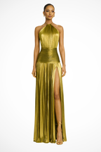Saffron | Women Halter Neck Pleated Satin Wedding Guest Maxi Dress