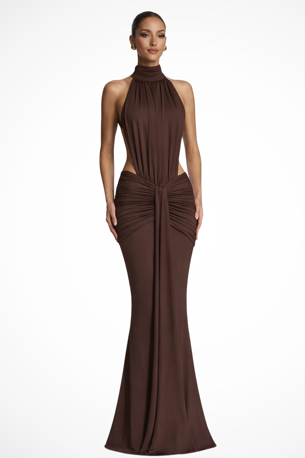 Theodora | Women Halter Neck Backless Ruched Bodycon Weddign Guest Maxi Dress