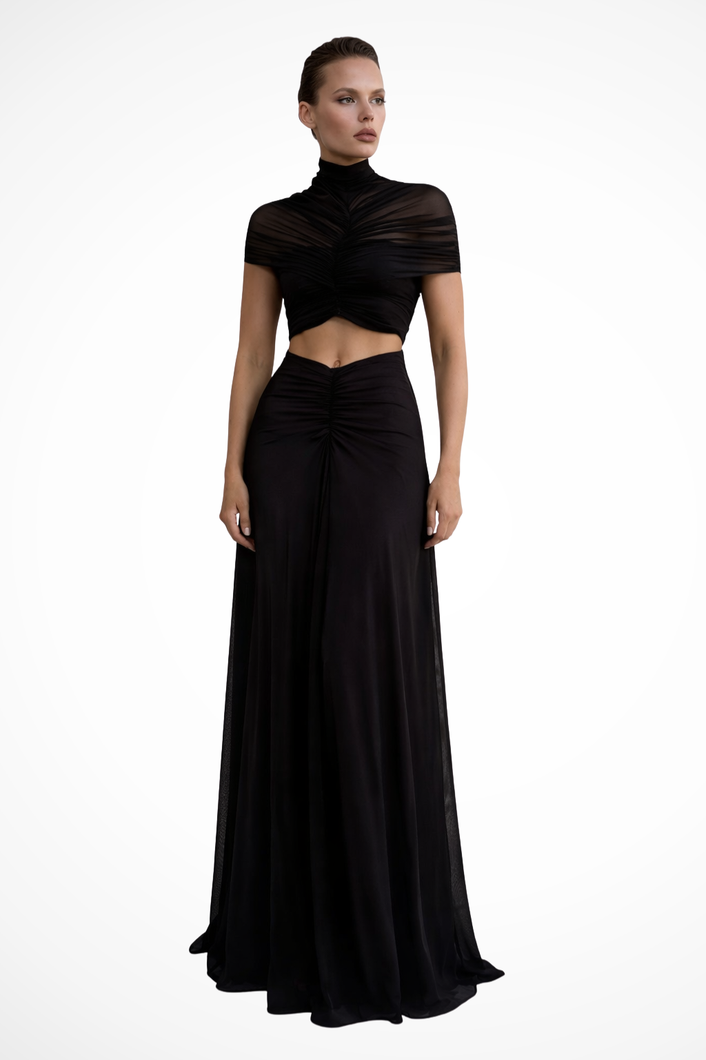 Marienna | Women Short Sleeve Cut Out High Neck Ruched Wedding Guest Maxi Dress