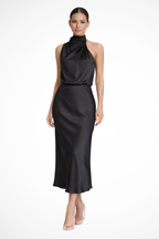 Amelina | Women Halter Neck Midi Dress Satin Wedding Guest Dress