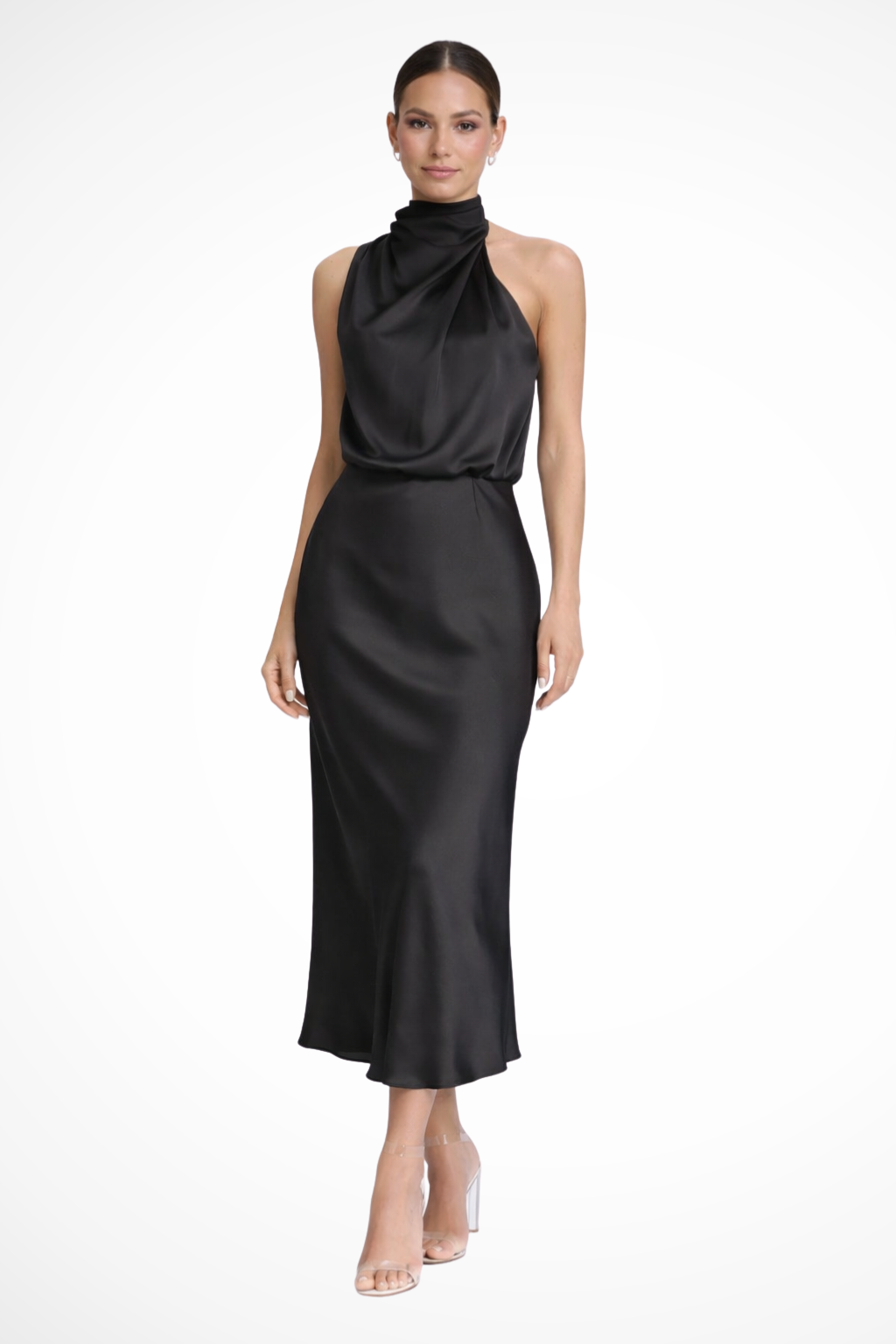 Amelina | Women Halter Neck Midi Dress Satin Wedding Guest Dress