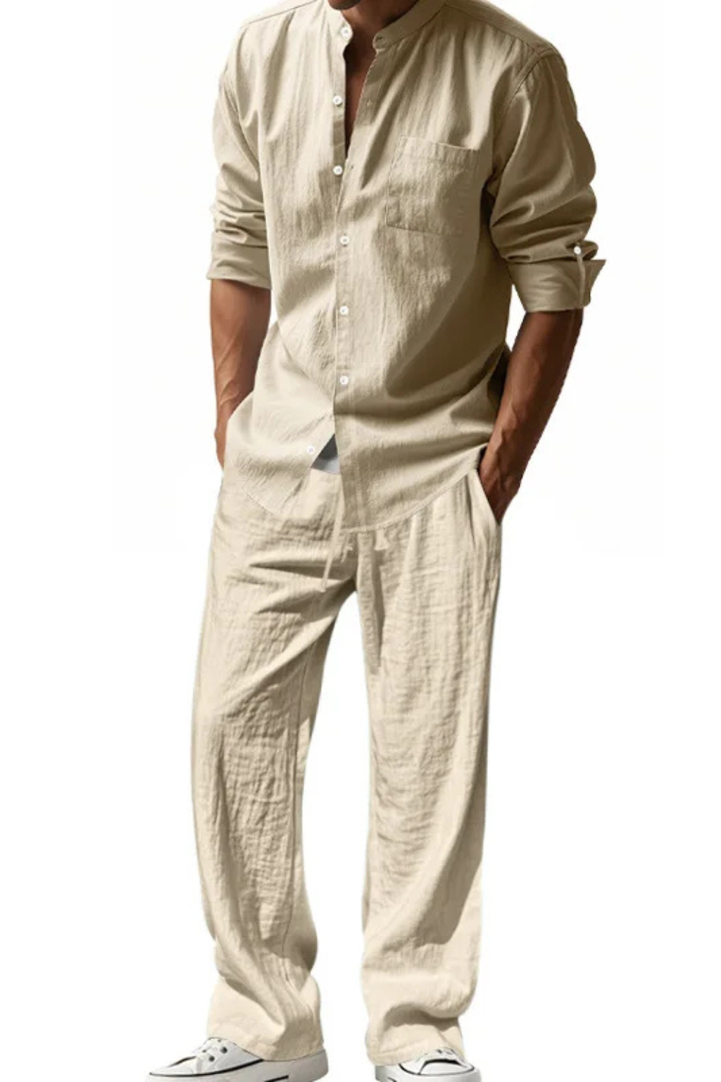 Stanton | Men Grandad Collar Long Sleeve Linen Shirt and Straight Leg Trousers Set
