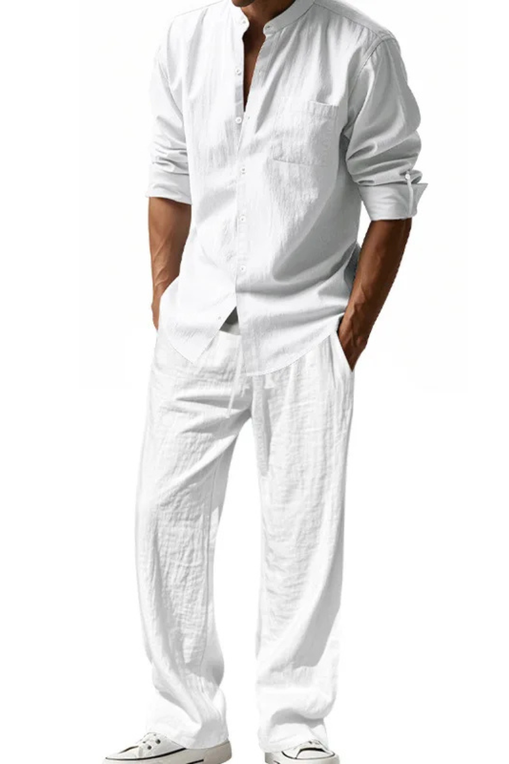 Stanton | Men Grandad Collar Long Sleeve Linen Shirt and Straight Leg Trousers Set