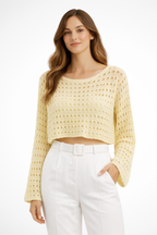 Lunara | Women Crochet Knit Long Sleeve Crop Top