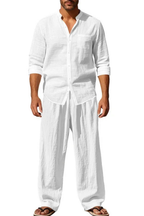 Stanton | Men Grandad Collar Long Sleeve Linen Shirt and Straight Leg Trousers Set