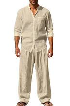 Stanton | Men Grandad Collar Long Sleeve Linen Shirt and Straight Leg Trousers Set