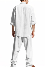 Stanton | Men Grandad Collar Long Sleeve Linen Shirt and Straight Leg Trousers Set