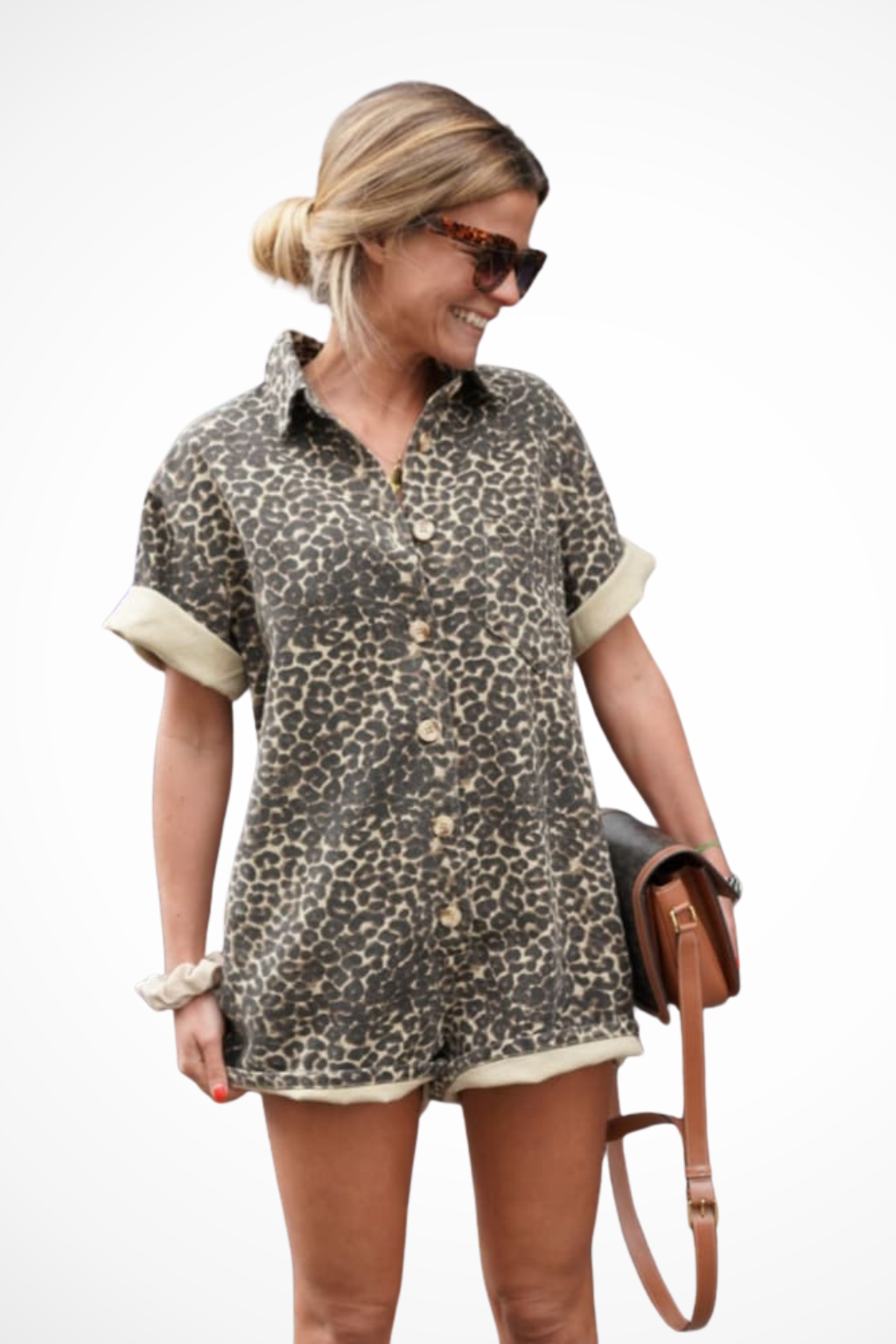 Zaria | Women’s Spring Cheeatah Print Mini Romper with Button Front