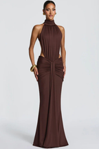 Theodora | Women Halter Neck Backless Ruched Bodycon Weddign Guest Maxi Dress