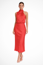 Amelina | Women Halter Neck Midi Dress Satin Wedding Guest Dress