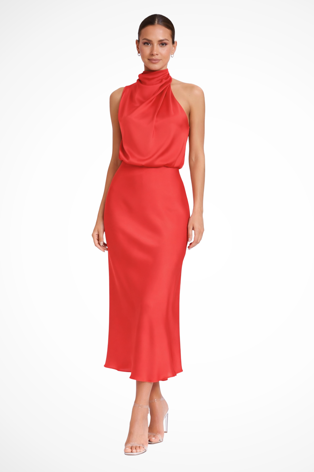 Amelina | Women Halter Neck Midi Dress Satin Wedding Guest Dress