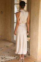 Amelina | Women Halter Neck Midi Dress Satin Wedding Guest Dress