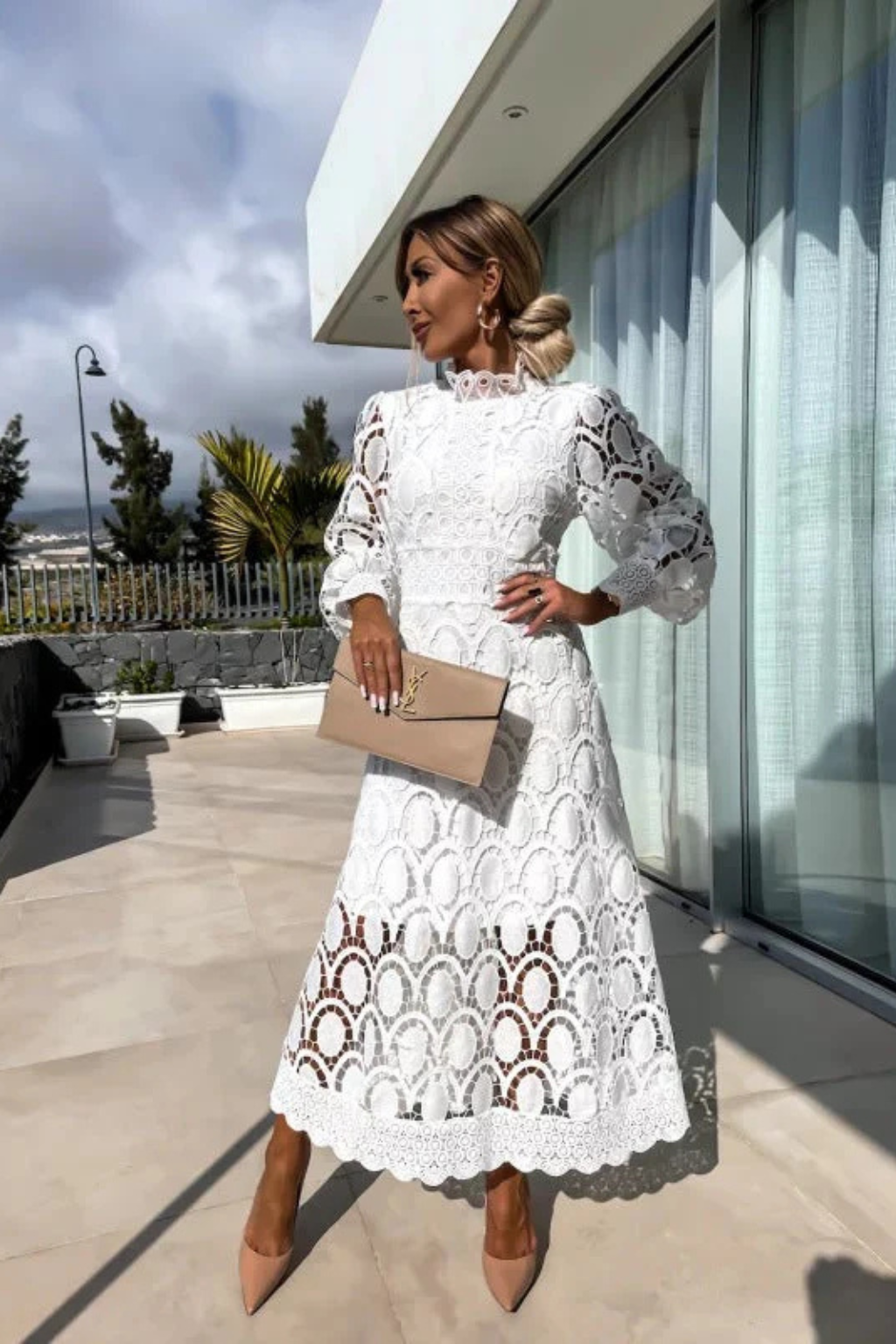 Mathilde | Women Lace Long Sleeve High Neck Wedding Guest Midi Dress