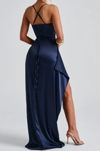 Avelisse | Women Spaghetti Strap Ruched Maxi High Slit Wedding Guest Dress