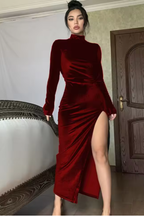 Nyra | Women Long Sleeve Ruched Maxi Occasion Summer Dress with Side Slit