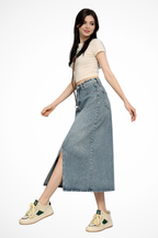 Junia | Women’s High Waist Denim Maxi Skirt with Front Slit