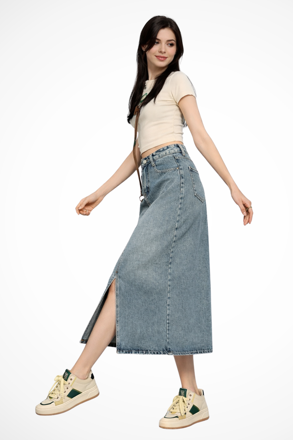 Junia | Women’s High Waist Denim Maxi Skirt with Front Slit