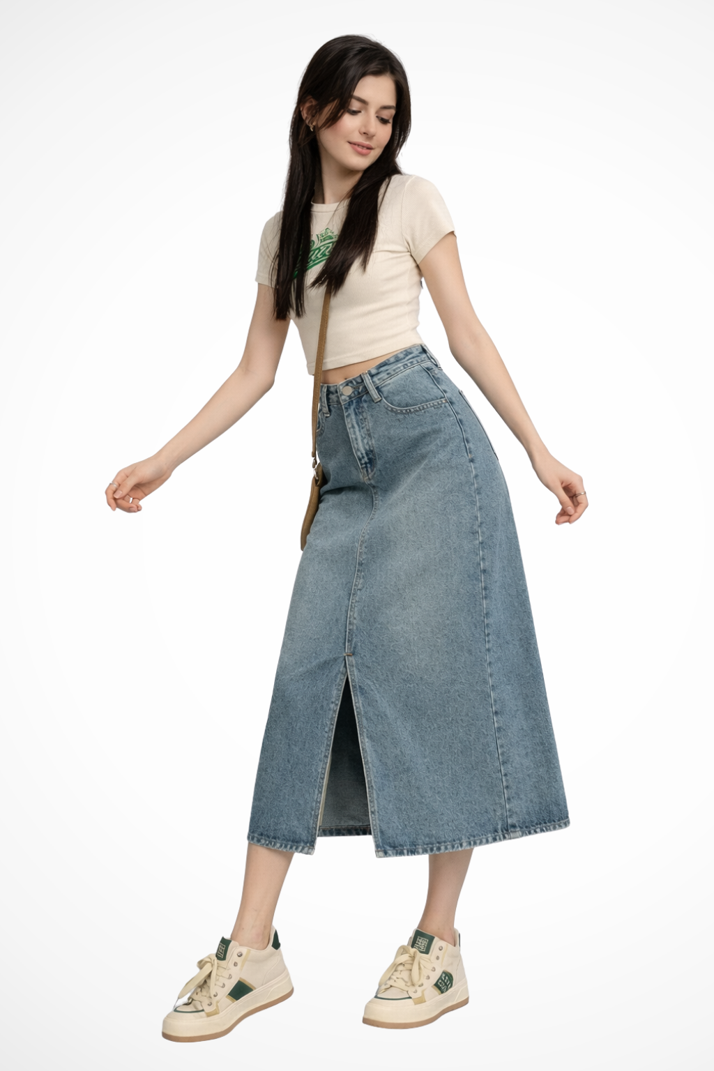 Junia | Women’s High Waist Denim Maxi Skirt with Front Slit