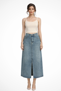 Junia | Women’s High Waist Denim Maxi Skirt with Front Slit