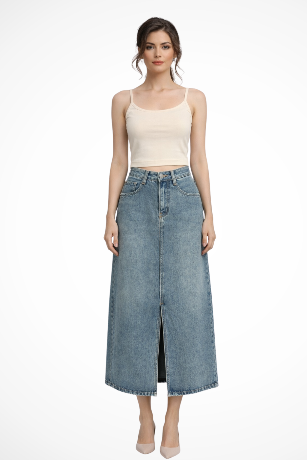 Junia | Women’s High Waist Denim Maxi Skirt with Front Slit
