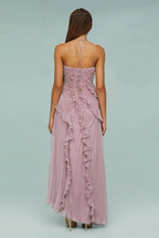 Imogen | Women’s Sleeveless Halter Backless Ruffled Maxi Summer Wedding Guest Dress