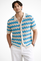 Jimmy | Men Short Sleeve Button Front Zigzag Crochet Knit Polo Shirt