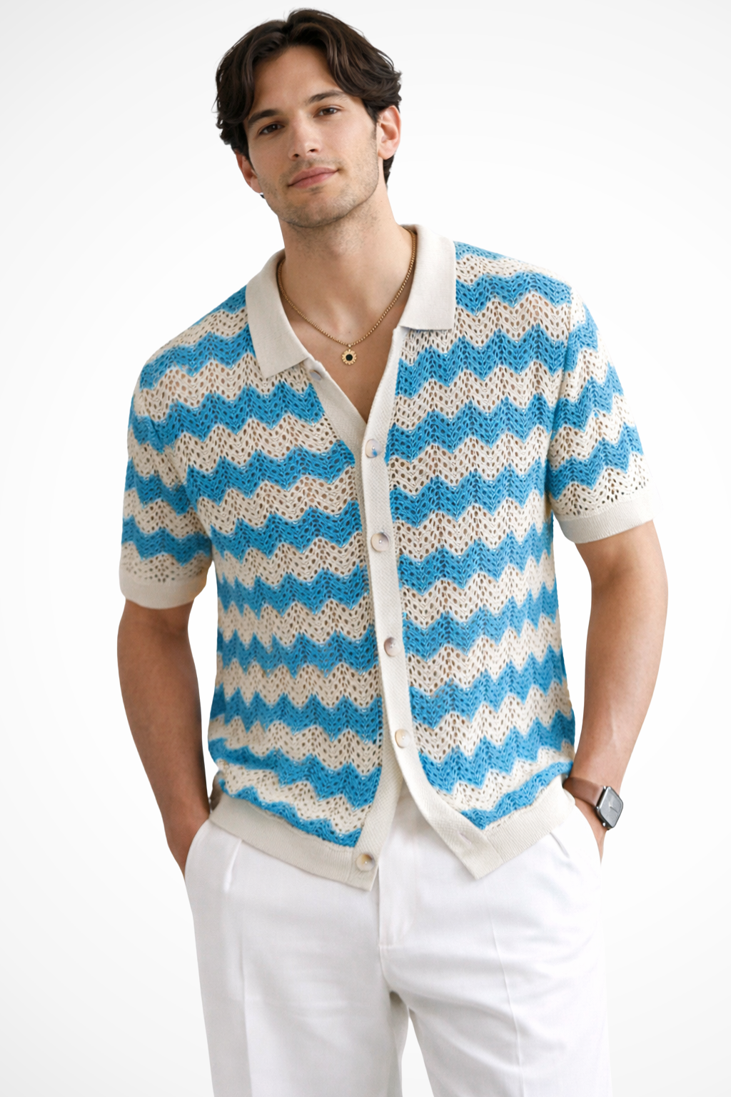 Jimmy | Men Short Sleeve Button Front Zigzag Crochet Knit Polo Shirt
