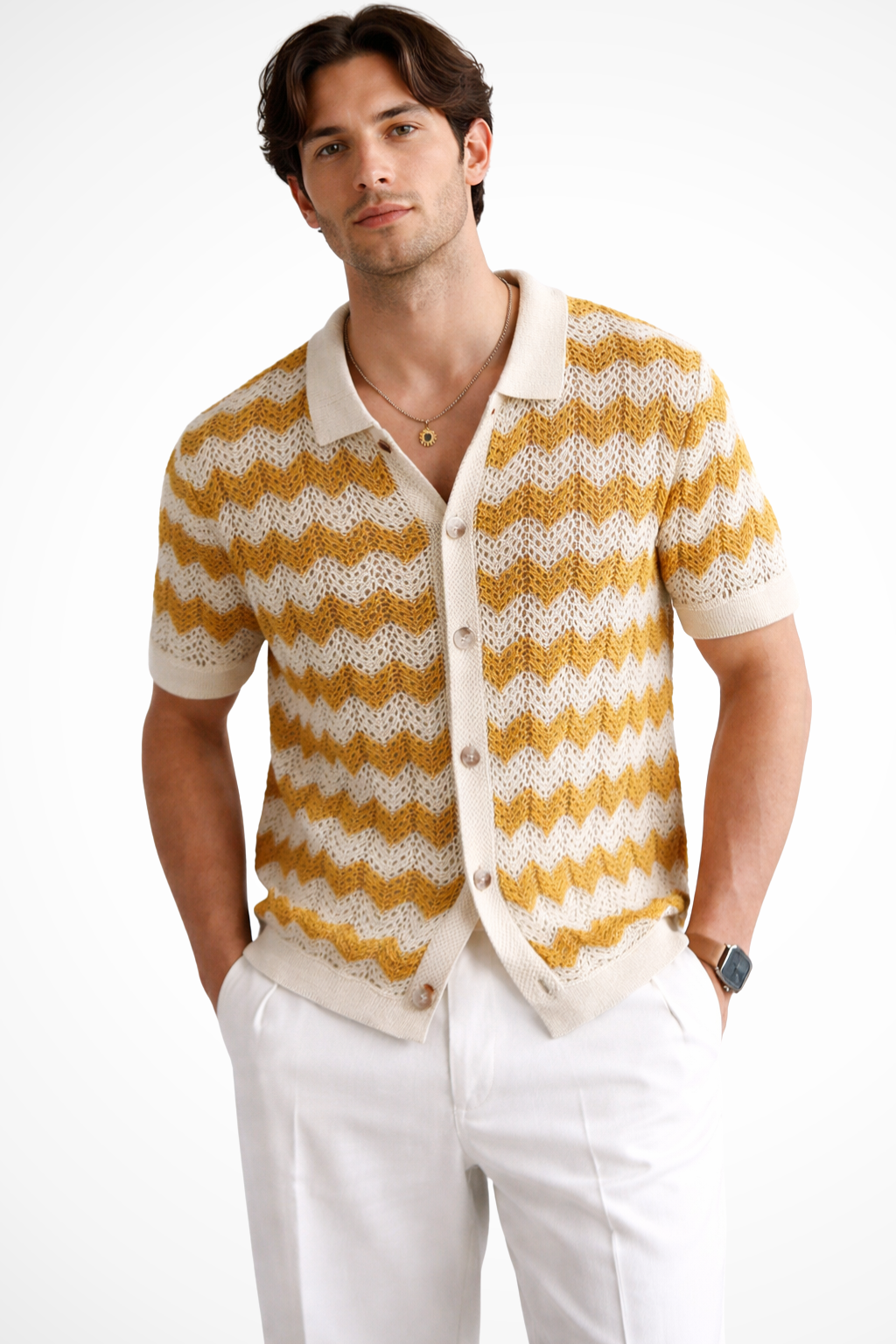 Jimmy | Men Short Sleeve Button Front Zigzag Crochet Knit Polo Shirt