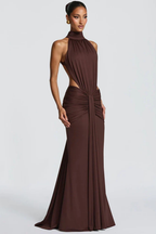 Theodora | Women Halter Neck Backless Ruched Bodycon Weddign Guest Maxi Dress