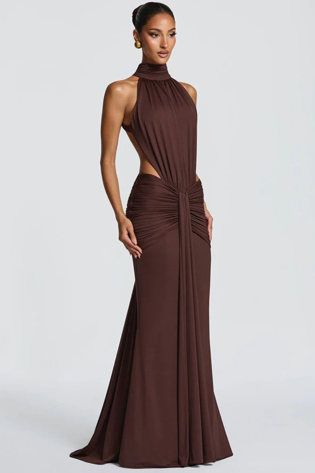 Theodora | Women Halter Neck Backless Ruched Bodycon Weddign Guest Maxi Dress