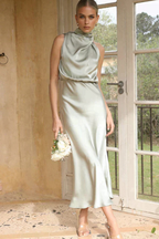 Amelina | Women Halter Neck Midi Dress Satin Wedding Guest Dress