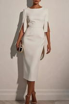 Mariah | Women Round Neck Split Sleeve Bead Detail Wedding Guest Midi Dress