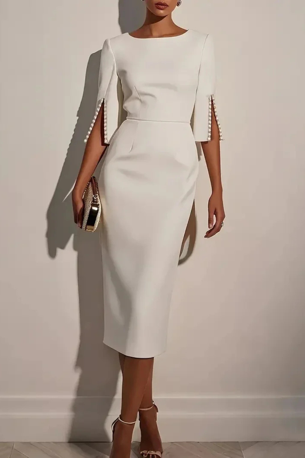 Mariah | Women Round Neck Split Sleeve Bead Detail Wedding Guest Midi Dress