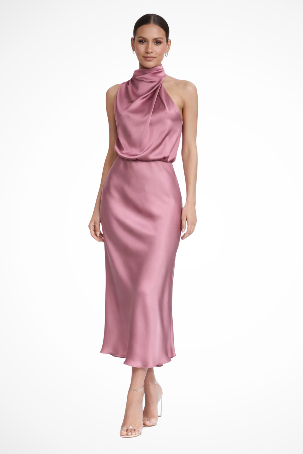 Amelina | Women Halter Neck Midi Dress Satin Wedding Guest Dress